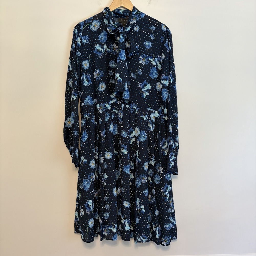 NWT Gracia XL Bow‑Neck Floral Long Sleeve Dress Navy Preppy Career Brunch VSCO